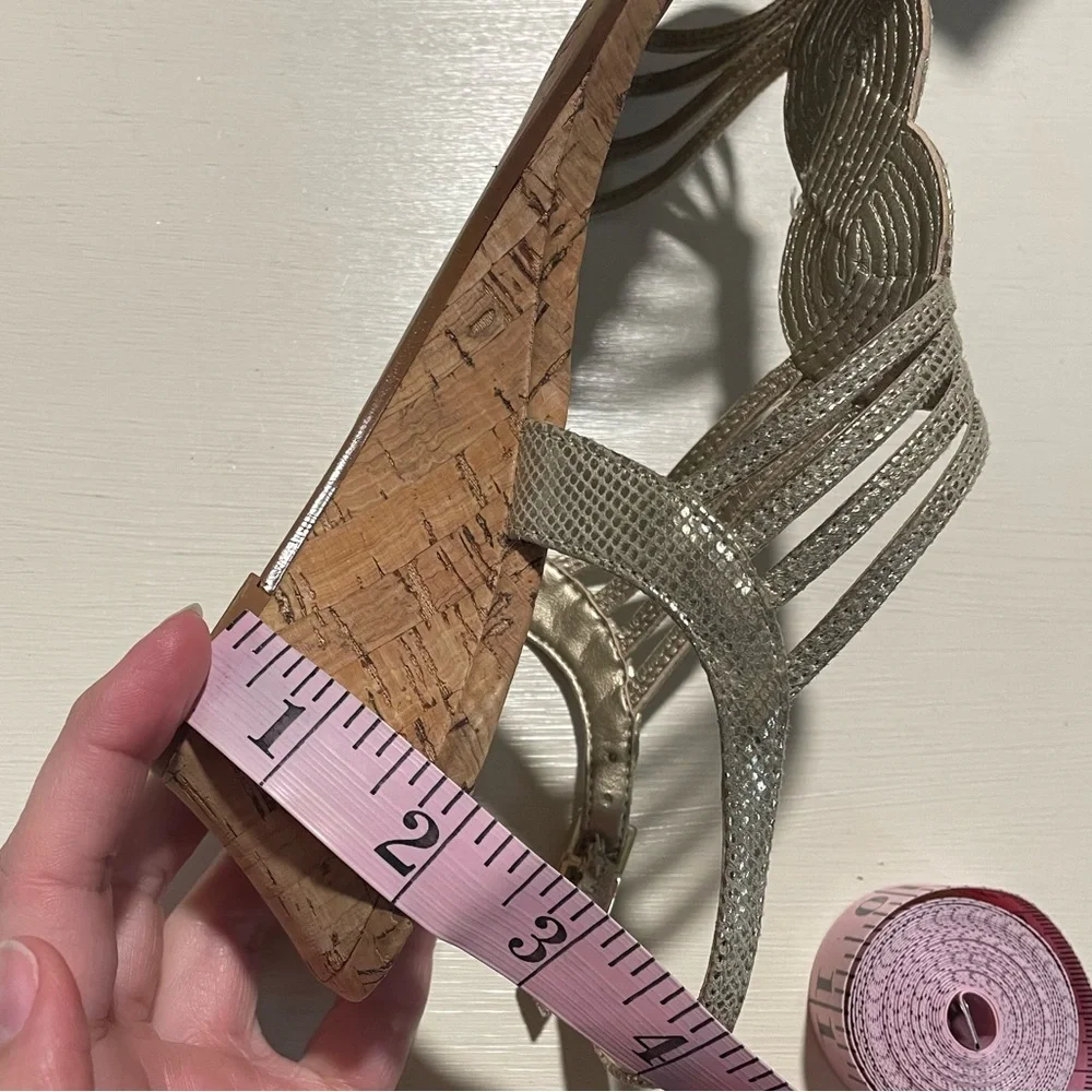 Coach and Four Gold Strappy Metallic Wedge Sandals Size 7.5 Cork Heel